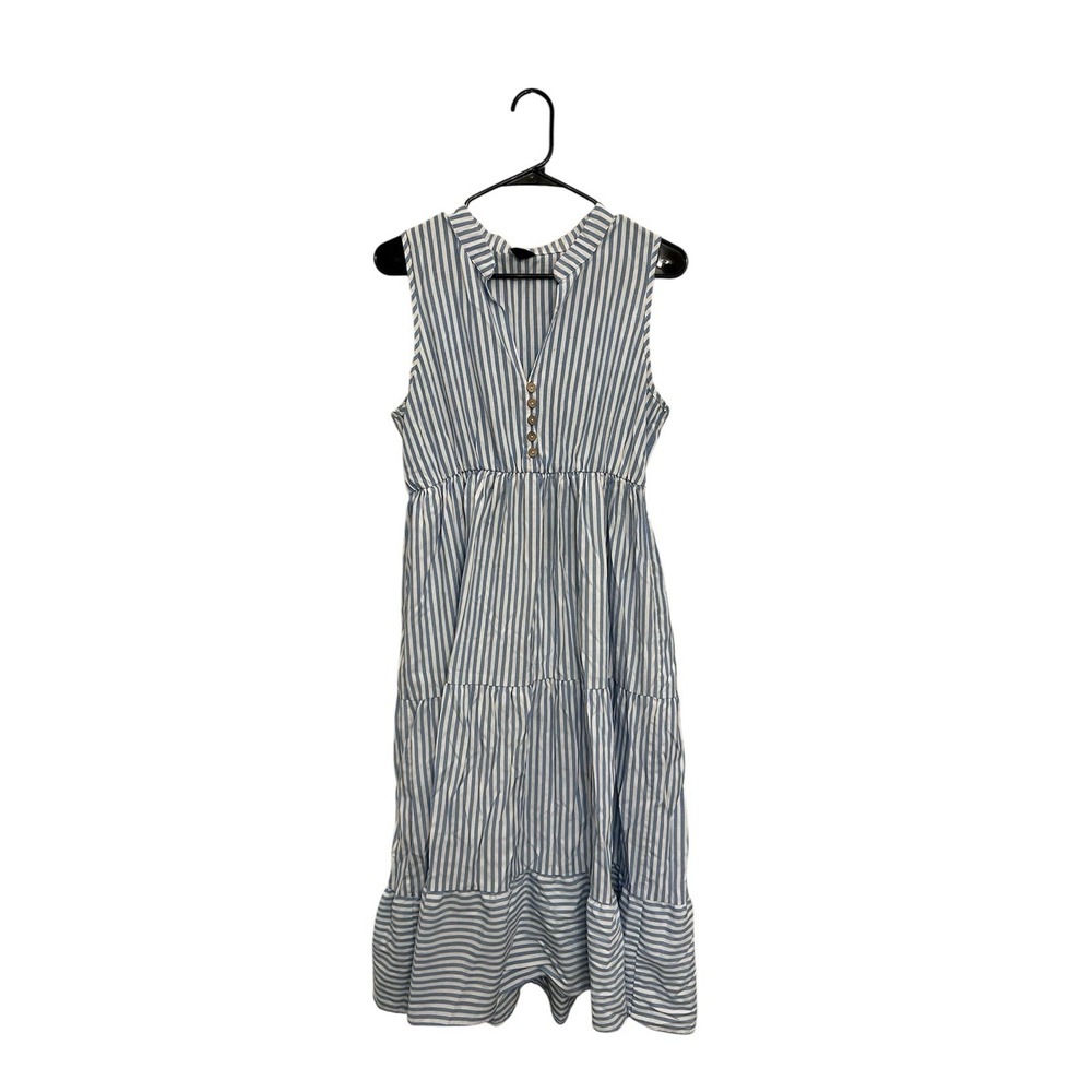 Blue & White Striped Sleeveless Button Front Midi Dress‎